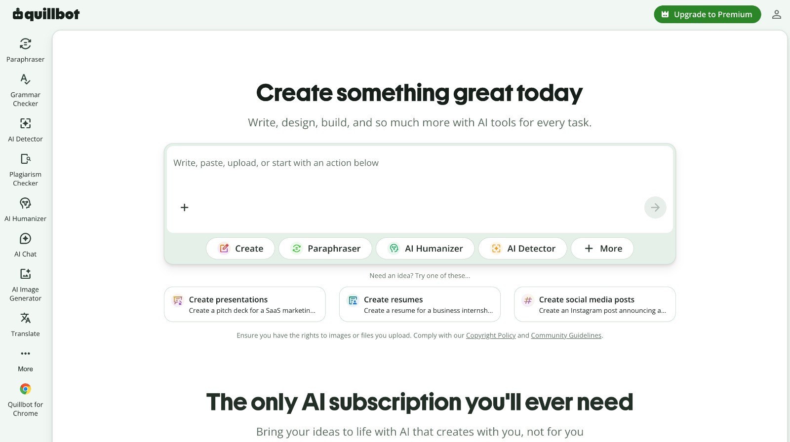 Quillbot homepage and its writing tools